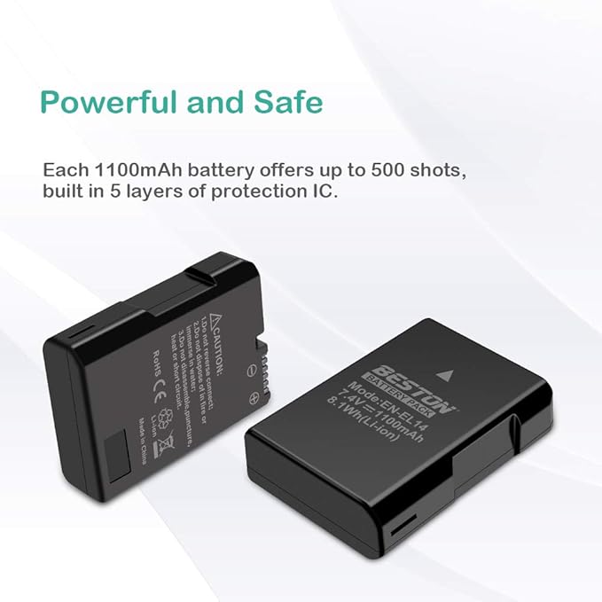 BESTON 2-Pack EN-EL14 / EN-EL14a Battery Packs and Rapid USB Charger Compatible - Image 2