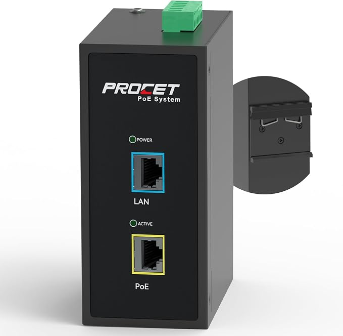 PROCET 10 Gbps Gigabit PoE++ Injector Din Rail, 60W Industrial Adapter by PROCETPOESystem