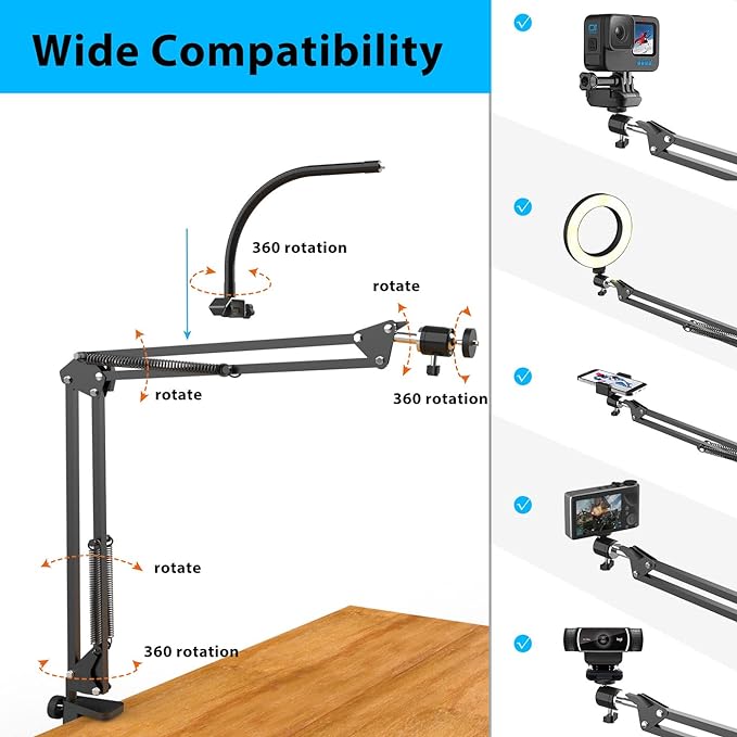 Overhead Camera Mount with Ring Light, Flexible Articulating Phone Arm Stand - Image 5