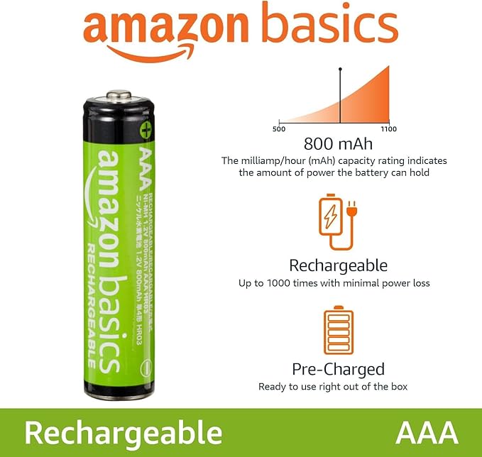 Amazon Basics 4-Pack Rechargeable AAA NiMH Batteries, 800 mAh, Low - Image 2