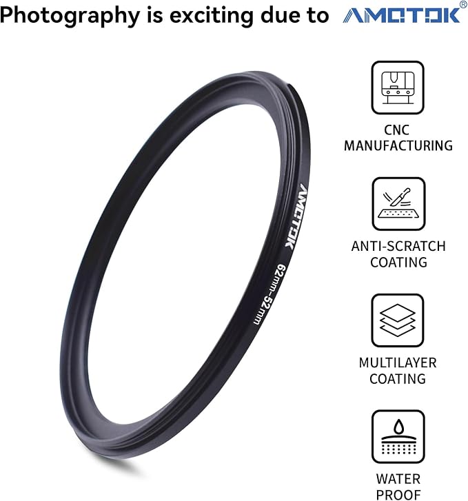 62mm Lens to 52mm Camera Lens Adapter, 62mm to 52mm Filter Step-Down Ring - Image 2