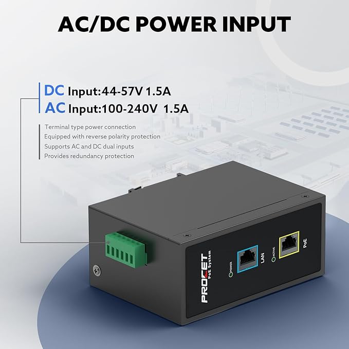 PROCET Gigabit PoE+ Injector Din Rail, 30W Industrial PoE Adapter - Image 2