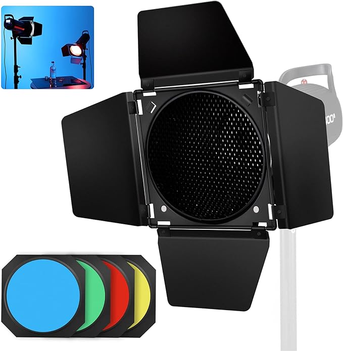 Godox BD-04 Barn Door & Honeycomb Grid &4 Color Gel Filters Compatible - Image 2