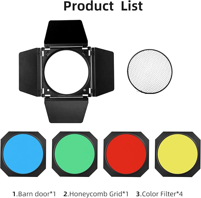 Godox BD-04 Barn Door & Honeycomb Grid &4 Color Gel Filters Compatible - Image 3