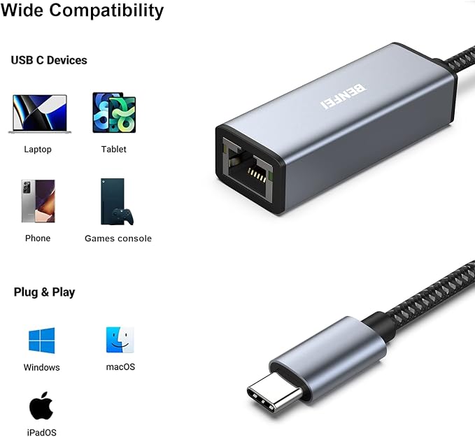 BENFEI USB-C to Ethernet Adapter, USB Type-C to RJ45 Gigabit Ethernet LAN - Image 4