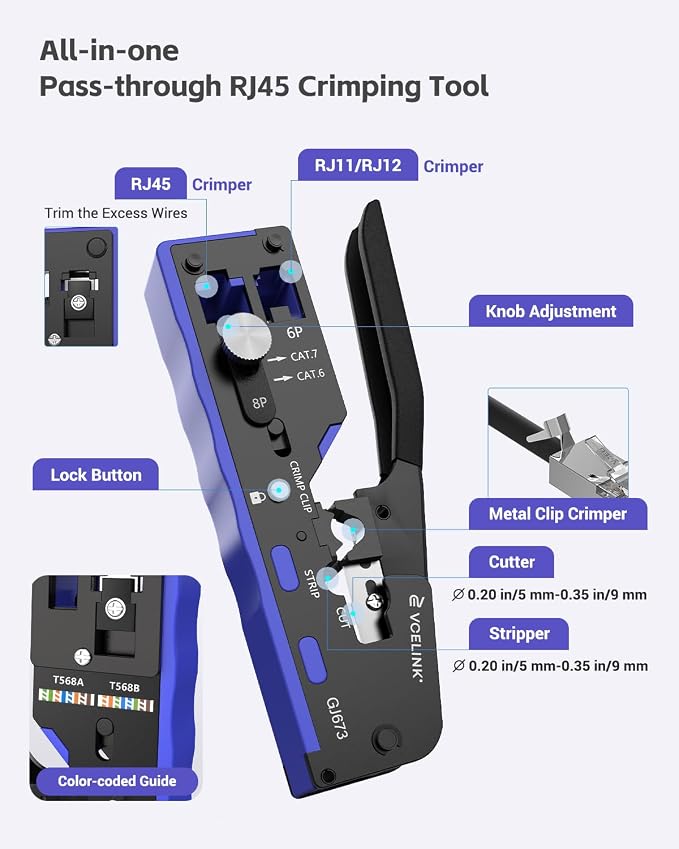 VCELINK RJ45 Crimp Tool Kit for CAT7/6A/6/5E/5, Upgraded Network Tool Set - Image 3