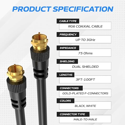Cables Direct Online Pack of 5 x Coaxial Cables 100FT Black Coax RG6 Male F - Image 2