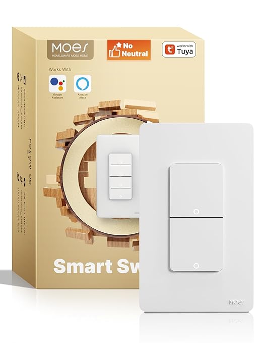 MOES Smart Double Light Switches, WiFi 2 Gang Single Pole Switch, No Netural by MOES