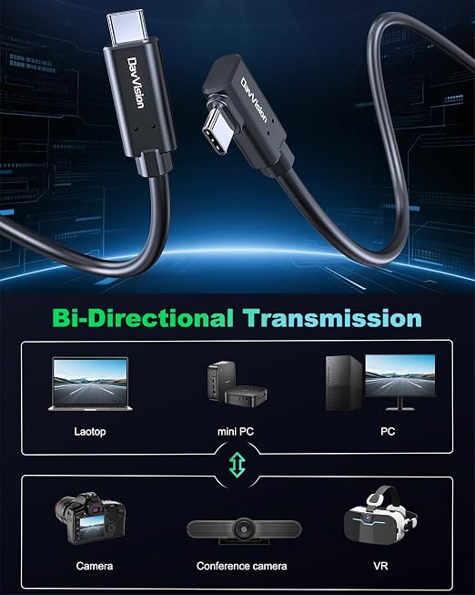 Long Tether Cable 16.4FT, USB C Fiber Optic Cable Right Angle, PD 60W & 10Gbps - Image 3