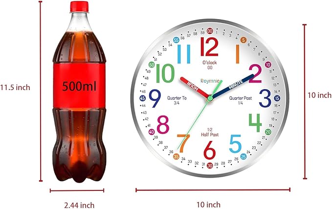 Roymnie Wall Clock for Kids Learning Easily Kids Teaching Clock Silent Non - Image 4
