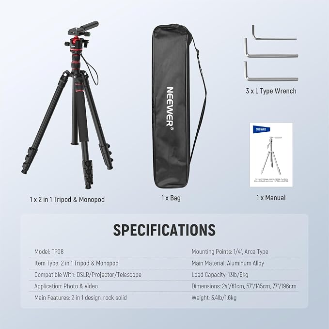 NEEWER BASICS Camera Tripod Monopod, Arca Type QR Plate, Reversible Legs - Image 9