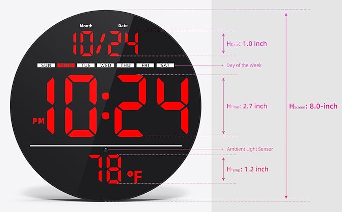 Digital Wall Clock with Large LED Display, Temperature, Auto-Brightness | Small - Image 3