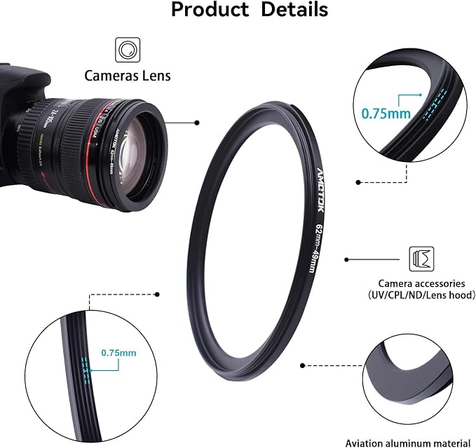 62mm Lens to 49mm Camera Lens Adapter, 62mm to 49mm Filter Step-Down Ring - Image 3