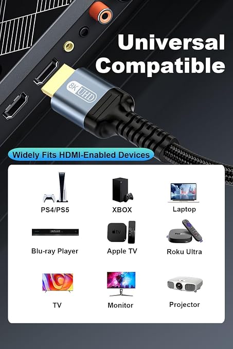 10K 8K 4K HDMI 2.1 Cable 8ft, 48Gbps Ultra High Speed HDMI Cable Braided - Image 6