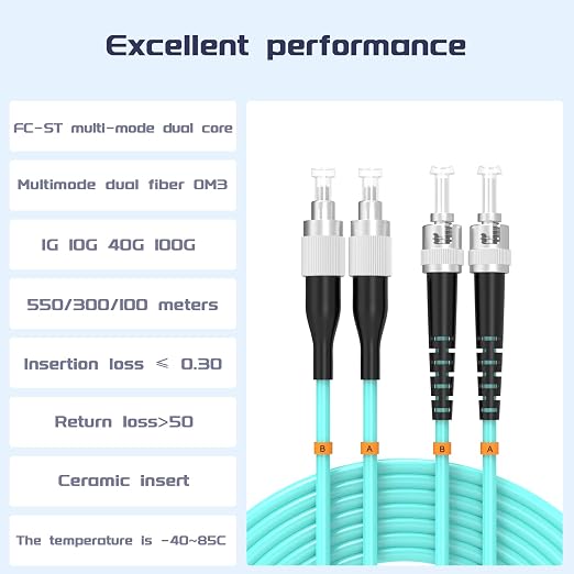 OM3 FC/UPC to ST/UPC Fiber Patch Cable 50Meters 164ft 10BG Multimode Duplex - Image 2