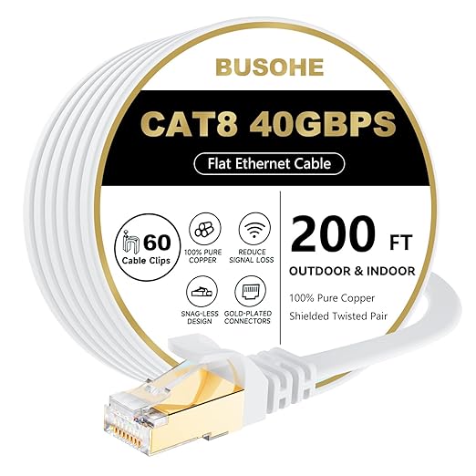 BUSOHE Cat 8 Ethernet Cable 200 FT, 40Gbps 2000Mhz High Speed Flat Cat8 Cable by BUSOHE