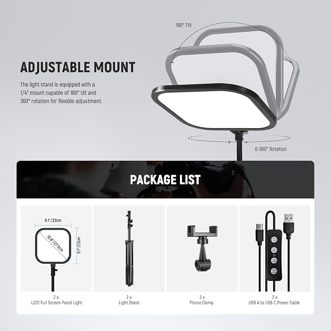 NEEWER Basics 2 Pack 15W 10.8" LED Video Light Panel Lighting Kit - Image 7