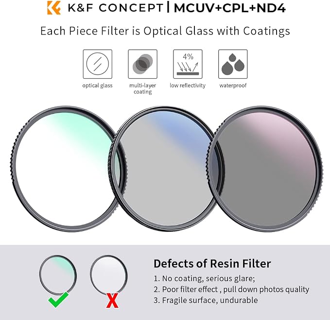 K&F Concept 49mm UV/CPL/ND Lens Filter Kit-18 Multi-Layer Coatings, UV Filter + - Image 2