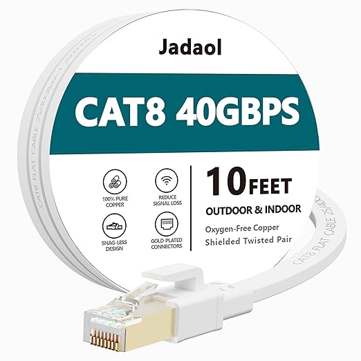 Jadaol Cat 8 Ethernet Cable 10 ft, 40Gbps 2000MHz Flat RJ45 S/FTP LAN Patch by Jadaol
