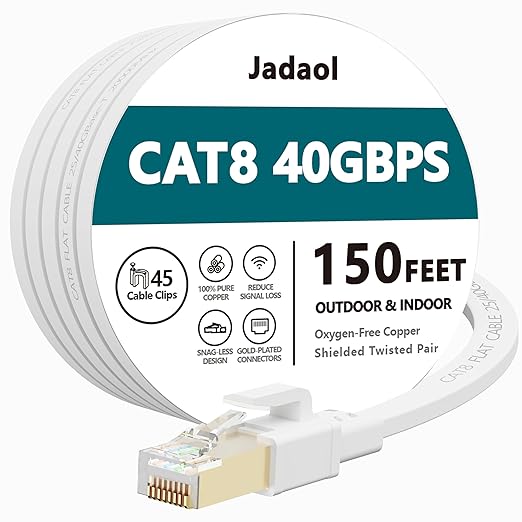 Jadaol Cat 8 Ethernet Cable 150ft, 40Gbps 2000MHz Flat S/FTP LAN Patch Cable by Jadaol