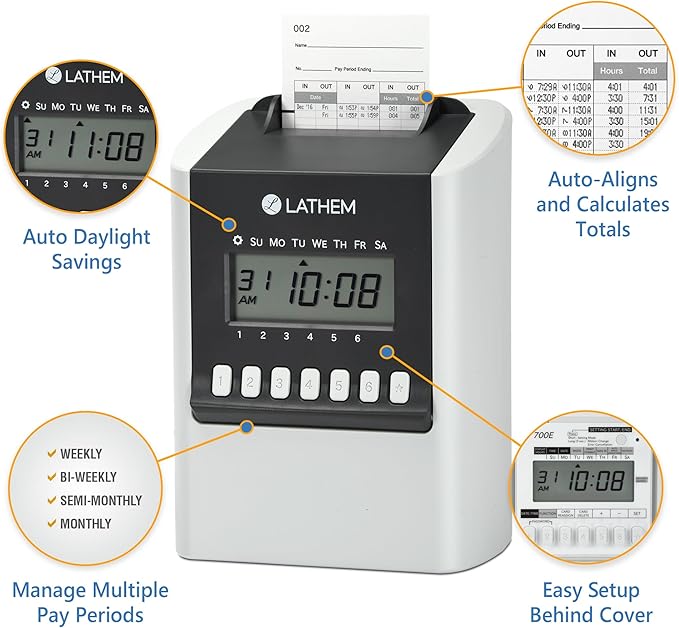 Lathem 700E Calculating Electronic Time Clock, 6.9" x 5.2" x 9.6" - Image 2