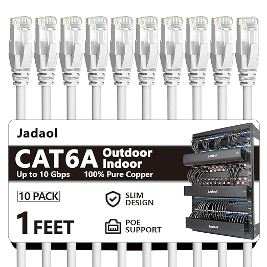 Jadaol Cat6a Ethernet Cable 1 ft 10 Pack, Slim 10G 550MHz 28AWG Patch Cable by Jadaol