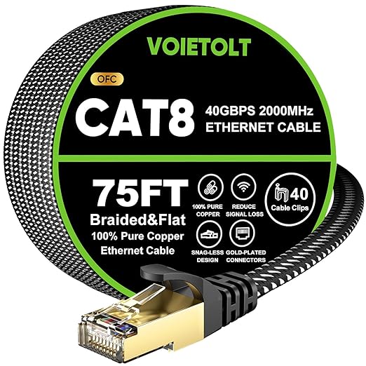 Cat 8 Ethernet Cable 75 FT Flat, High Speed 40Gbps 2000Mhz Braided Internet by EthernetCable