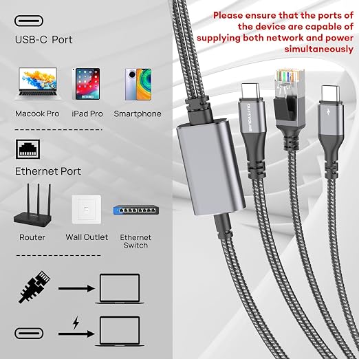 USB C to Ethernet Cable with Charging 15 Feet, USB-C Male 100W PD & Gigabit LAN - Image 2
