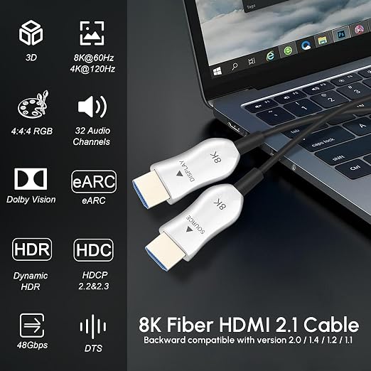 8K Fiber Optic HDMI 2.1 Cable 10ft, Active HDMI Cable Slim, High Speed Fiber - Image 2