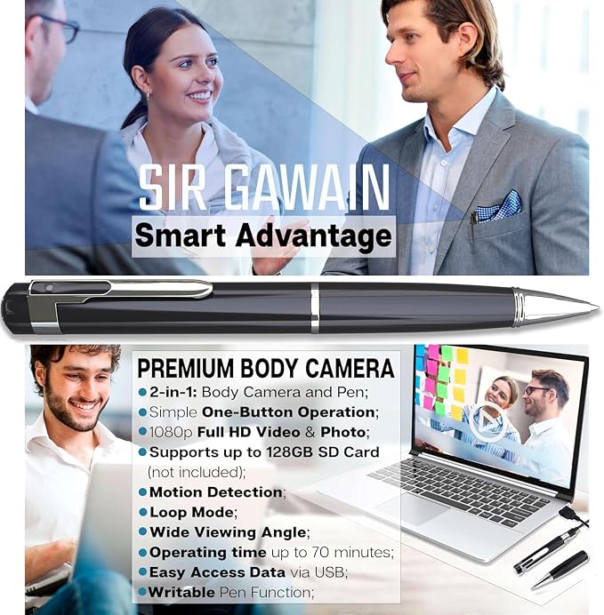 SIRGAWAIN Premium Body Camera Pen — Full HD 1080p Video & Photos, Motion - Image 2