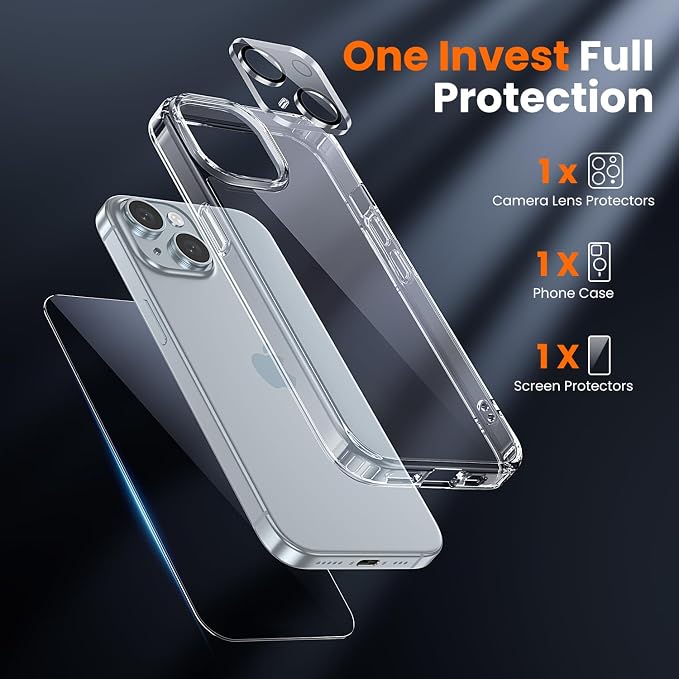 toushion 3 in 1 for iPhone 15 Case Clear, Screen Protector *1 & Camera Lens - Image 2