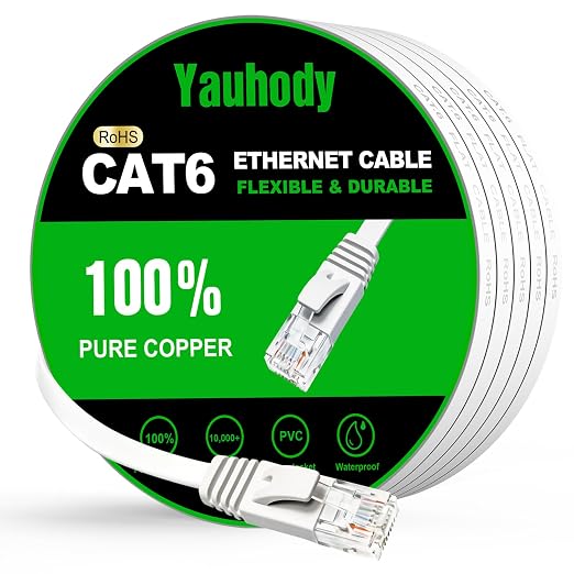 Yauhody CAT 6 Ethernet Cable 65ft White, High Speed Solid Flat CAT6 Gigabit by Yauhody