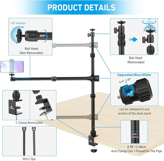Ailight Camera Desk Mount Stand Overhead, Adjustable Microphone Boom Arm Mic - Image 5