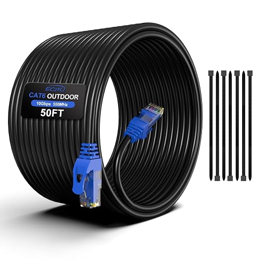 50FT Cat6 Outdoor Ethernet Cable, Heavy Duty Direct Burial, 24AWG CCA Patch Cord by ECJTU-US