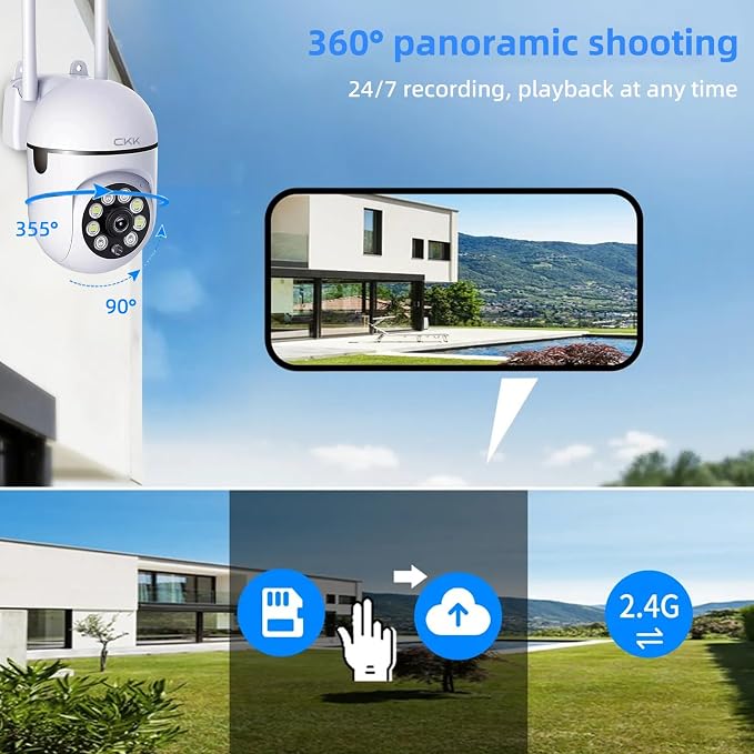 CKK 1080P Security Camera Outdoor Corded Power, 360° Pan/Tilt, Color Night - Image 5