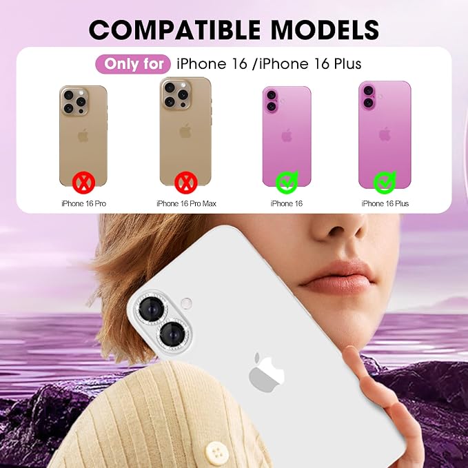 for iPhone 16/16 Plus Camera Lens Protector Bling Individual Metal Diamond Ring - Image 2