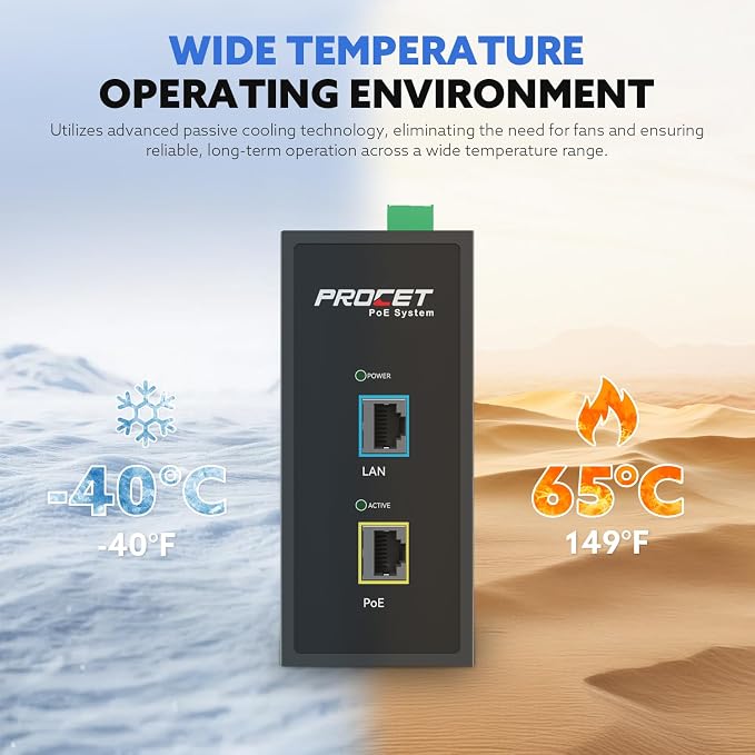PROCET Gigabit PoE+ Injector Din Rail, 30W Industrial PoE Adapter - Image 5