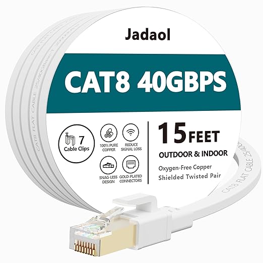 Jadaol Cat 8 Ethernet Cable 15 ft, 40Gbps 2000MHz Flat RJ45 S/FTP LAN Patch by Jadaol