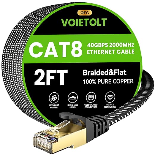Cat 8 Ethernet Cable 2 FT Flat, High Speed 40Gbps 2000Mhz Braided Internet Cable by EthernetCable