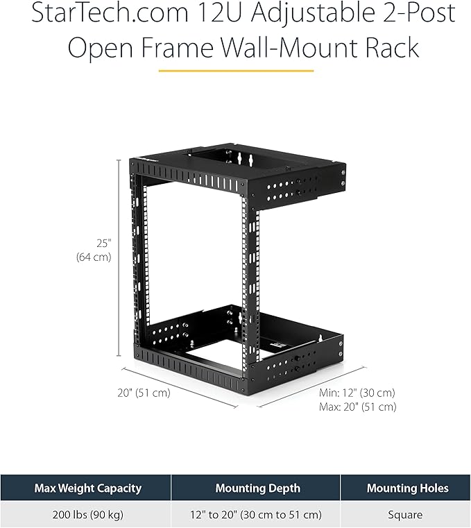 StarTech.com 2-Post 12U Heavy-Duty Wall Mount Network Rack, Wall Mount Data Rack - Image 2