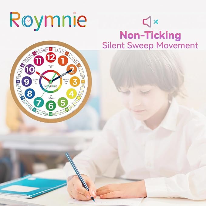 Roymnie14 Inch Wall Clock for Kids Learning to Tell Time Large Analog Silent - Image 7