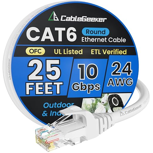 Cat 6 Ethernet Cable 25 ft, Indoor&Outdoor, High Speed 10Gbps 24AWG Pure Copper by CableGeeker