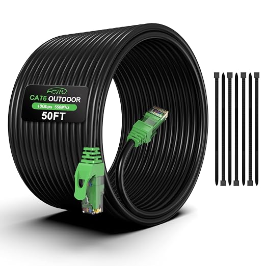50FT Cat6 Outdoor Ethernet Cable, Heavy Duty Direct Burial, 24AWG CCA Patch Cord by ECJTU-US