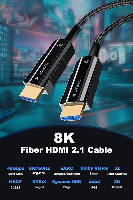 8K HDMI 2.1 Cable 15ft/5m, Fiber Optic HDMI Cable Braided Cord, High Speed - Image 3