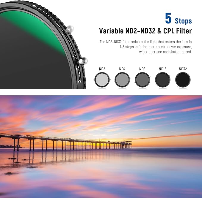 NEEWER 2 in 1 67mm Variable ND Filter ND2–ND32&CPL Filter No X Cross/30 Layer - Image 4