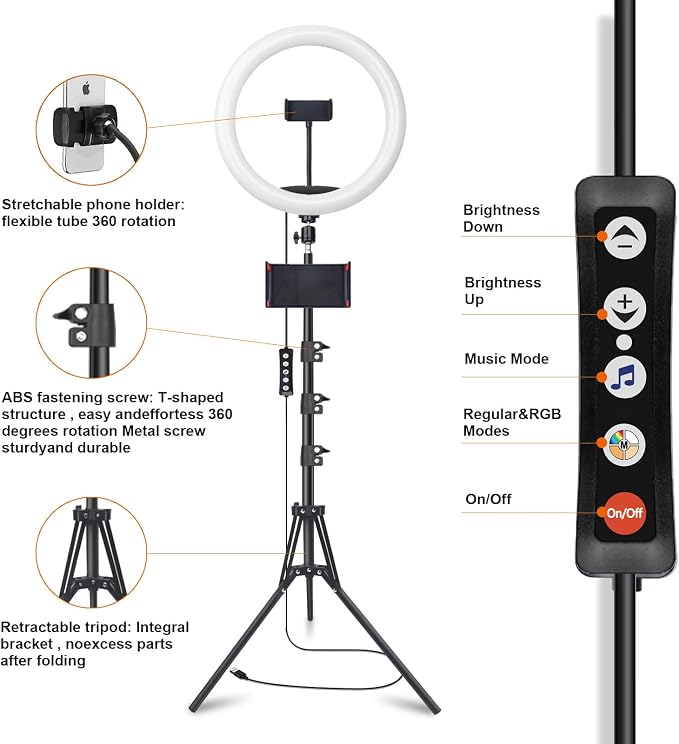13" Selfie Ring Light with 76" Tripod Stand & 3 Phone Holder, LED Camera - Image 7