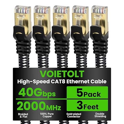 Cat 8 Ethernet Cable Flat 3 FT 5Pack, High Speed 40Gbps 2000Mhz Braided by EthernetCable