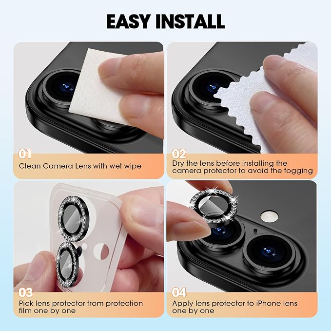for iPhone 16/16 Plus Camera Lens Protector Bling Individual Metal Diamond Ring - Image 7
