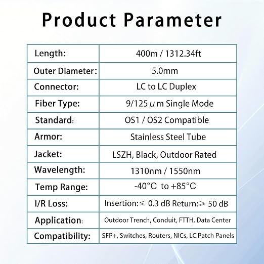 400M/1312FT LC to LC Armored Outdoor Fiber Optic Cable, Single Mode Duplex - Image 6