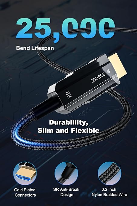 8K Long HDMI 2.1 Cable 100ft, Fiber Optic HDMI Braided Cord, High Speed Active - Image 8